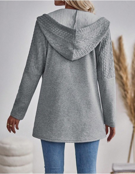 Solid Color Corrugated Pocket Splicing Casual Sweater Loose Drawstring Hooded Coat