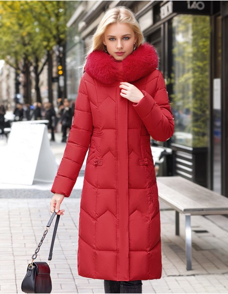 Thick Winter Jacket Women Parka Long Down Coat Hooded Jacket Fur Collar Pockets Embroidery Warm Snow Wear Padded Fashion Parka