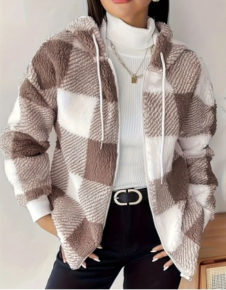 Temperament Plaid Loose Casual Long Sleeve Hooded Cardigan Zipper Coat