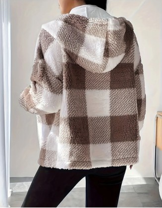 Temperament Plaid Loose Casual Long Sleeve Hooded Cardigan Zipper Coat