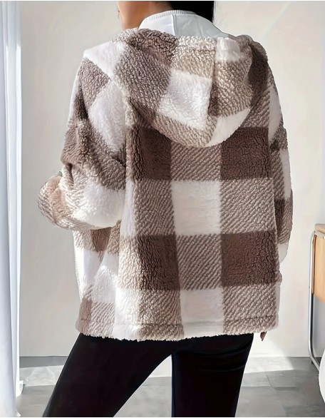 Temperament Plaid Loose Casual Long Sleeve Hooded Cardigan Zipper Coat