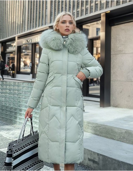 Women Down Cotton Coat Long Winter Puffer Parkas Fur Collar Thicken Warm Snow Wear Hooded Padded Coat Zipper Woman Overcoat