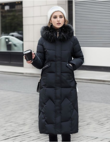 Women Down Cotton Coat Long Winter Puffer Parkas Fur Collar Thicken Warm Snow Wear Hooded Padded Coat Zipper Woman Overcoat