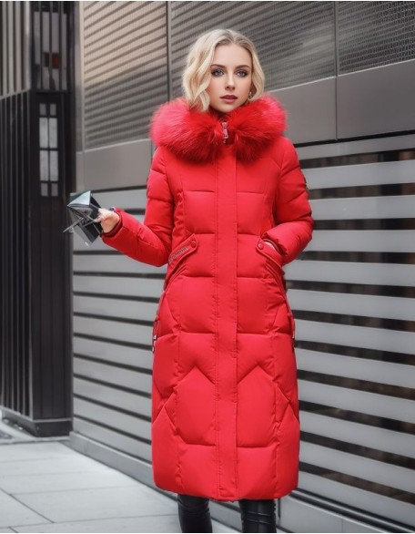 Women Down Cotton Coat Long Winter Puffer Parkas Fur Collar Thicken Warm Snow Wear Hooded Padded Coat Zipper Woman Overcoat