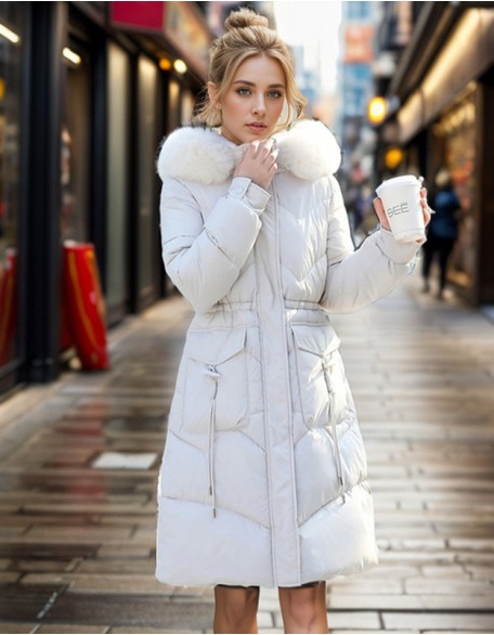 Women Long Winter New Style Fashion Slim Cotton Coat With Large Fur Collar and Thick Cotton Coat