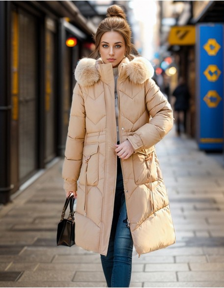 Women Long Winter New Style Fashion Slim Cotton Coat With Large Fur Collar and Thick Cotton Coat