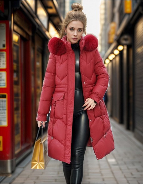 Women Long Winter New Style Fashion Slim Cotton Coat With Large Fur Collar and Thick Cotton Coat